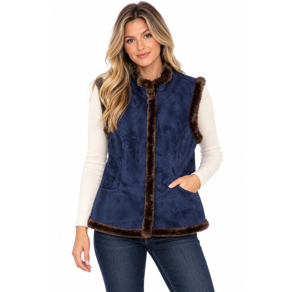 Denim & Co Womens New Large Faux Suede Fur Lined Vest Navy Blue Brown Cozy Cabin
